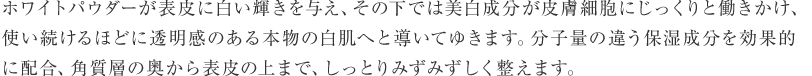 ホワイトパウダーが表皮に白い輝きを与え、その下では美白成分が皮膚細胞にじっくりと働きかけ、使い続けるほどに透明感のある本物の白肌へと導いてゆきます。分子量の違う保湿成分を効果的に配合、角質層の奥から表皮の上まで、しっとりみずみずしく整えます。